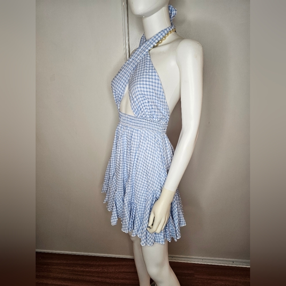 Womens Halter Gingham Plaid Print  Mini Dress w/ Smock Waistband